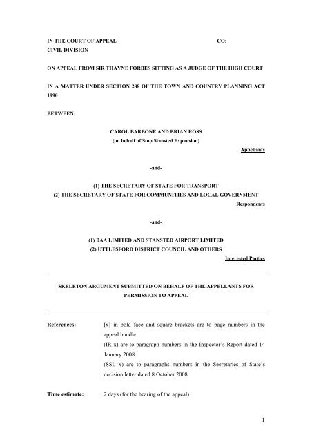 SSE Skeleton Argument For Permission To Appeal Stop Stansted 