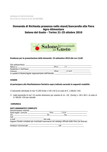 Modello di richiesta presenza nello stand o bancarella ... - Agricoltura