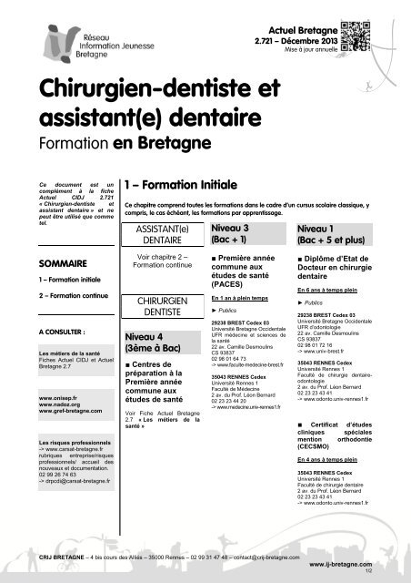 Chirurgien dentiste et assistant dentaire, formation ... - CRIJ Bretagne