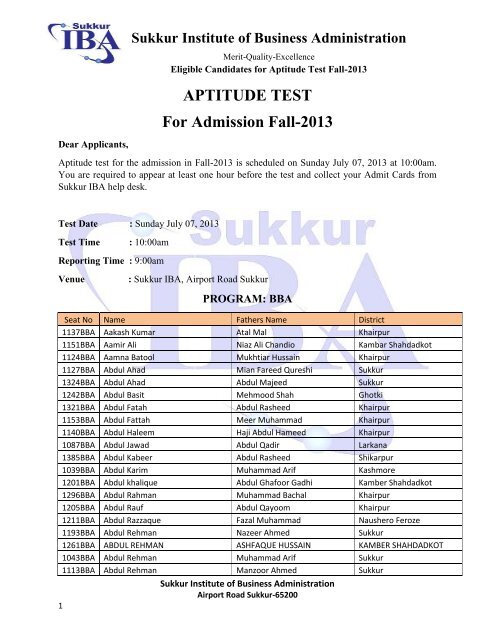 APTITUDE TEST For Admission Fall-2013 - Sukkur Institute of ...