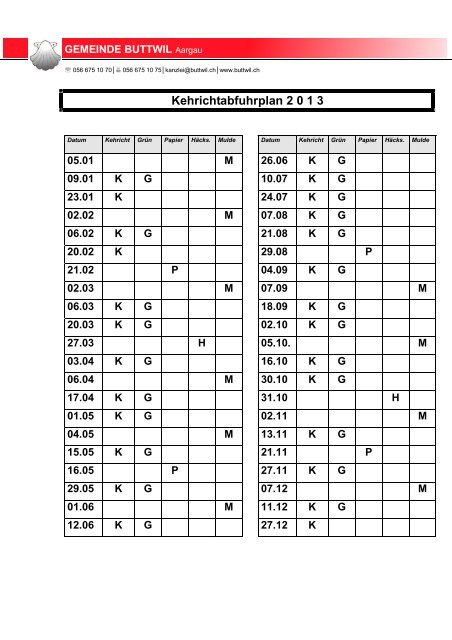 Kehrichtabfuhrplan 2 0 1 3 - Gemeinde Buttwil