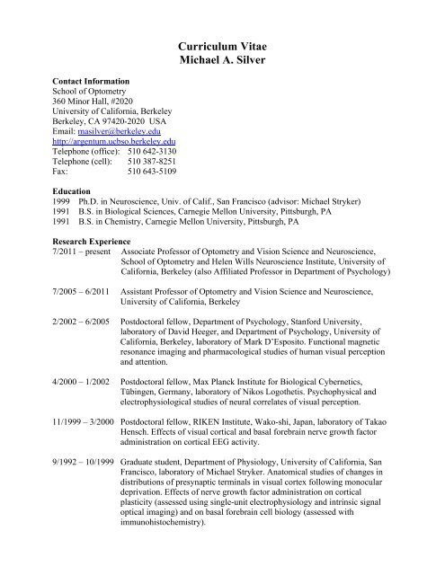 Curriculum Vitae Michael A. Silver - Michael Silver's Lab - University ...