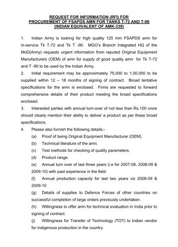 (RFI) FOR PROCUREMENT OF FSAPDS AMN FOR TANKS T-72 ...