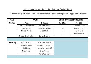 Sporthelfer-Plan bis zu den Sommerferien 2013