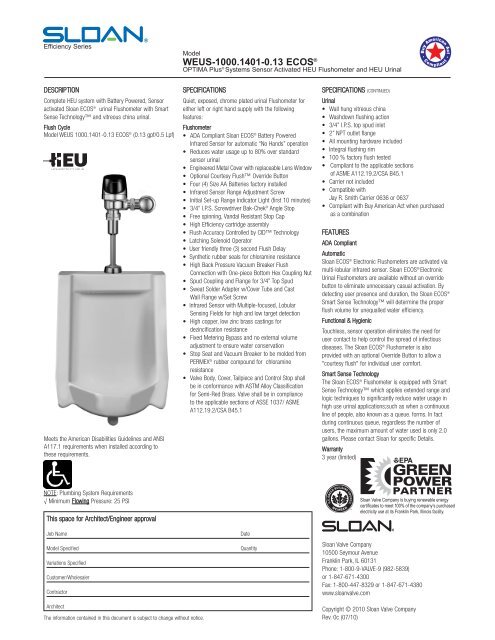 WEUS 1000.1401-0.13-ECOS Specification - Sloan Valve Company
