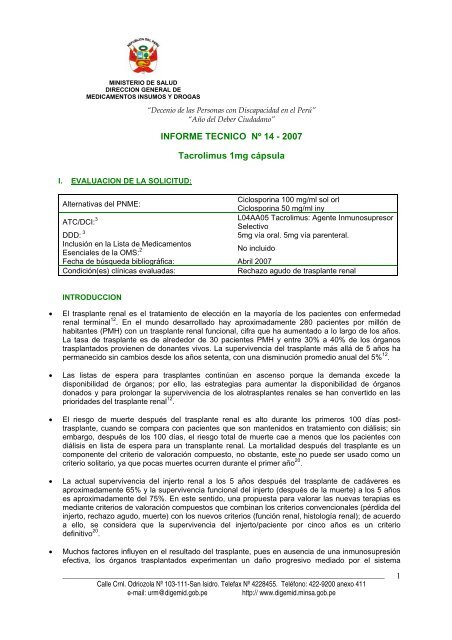 INFORME TECNICO NÂº 14 - 2007 Tacrolimus 1mg cÃ¡psula