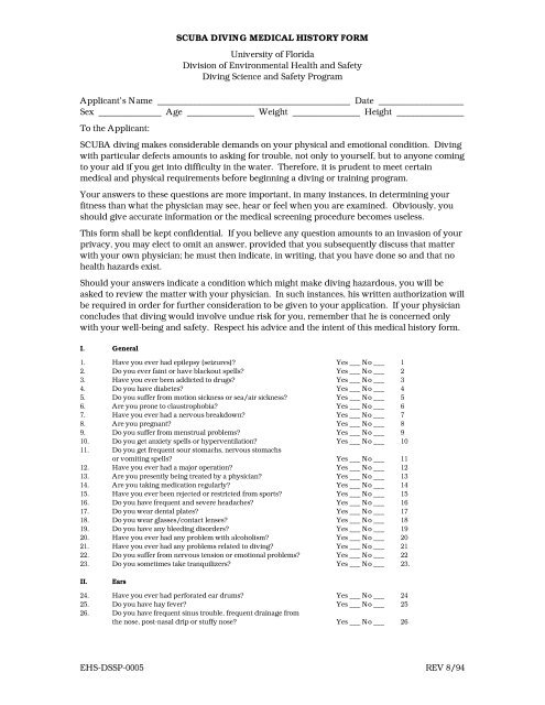 SCUBA DIVING MEDICAL HISTORY FORM University of Florida ...