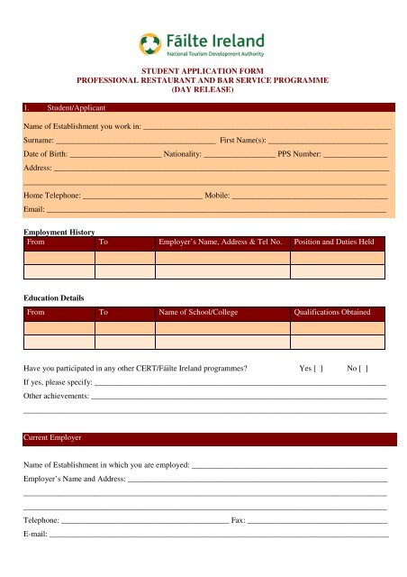 STUDENT APPLICATION FORM PROFESSIONAL RESTAURANT ...