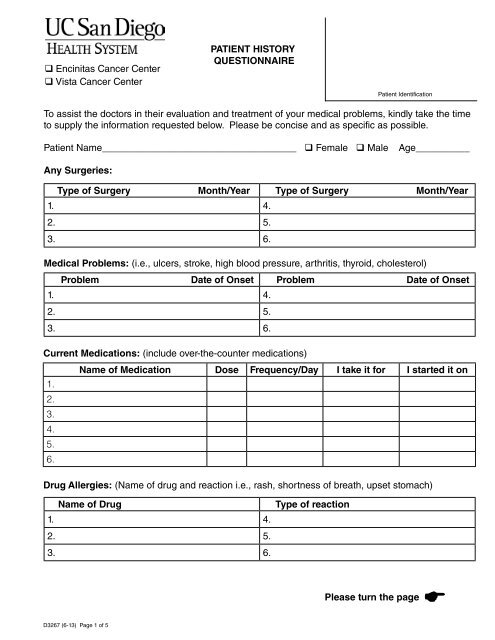 New Patient Information Form - Moores Cancer Center