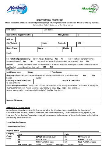 Player Registration Form 2013 - Macleay Netball Association ...