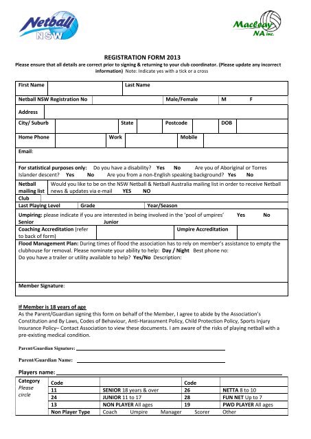 Player Registration Form 2013 - Macleay Netball Association ...