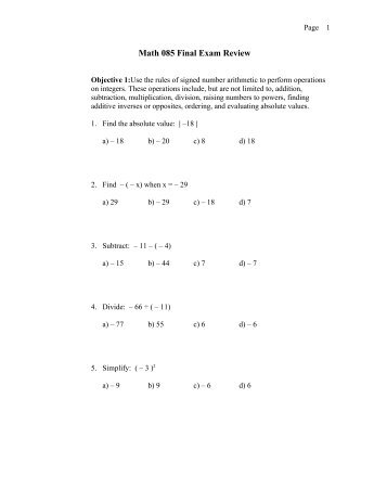 Math 085 Final Exam Review - Prairie State College