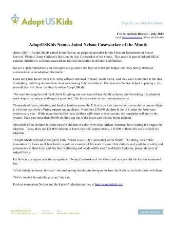 July 2012 Caseworker of the Month press release - AdoptUSKids