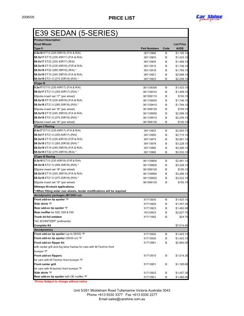 ACS BMW Price List - Car Shine