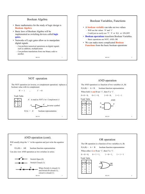 Boolean Algebra Boolean Variables, Functions NOT operation AND ...