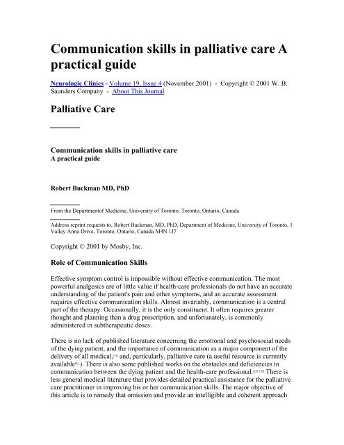 Communication skills in palliative care A practical guide