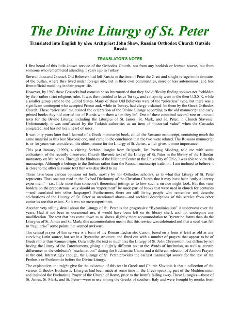 The Divine Liturgy Of St Peter Rocor Western Rite