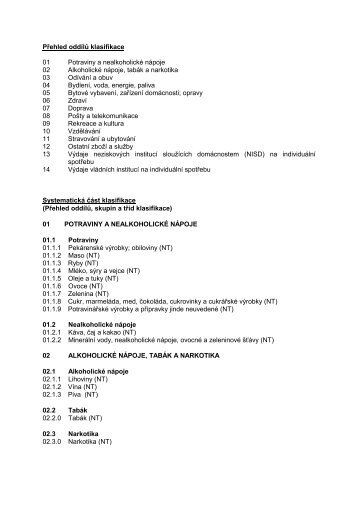 PÅehled oddÃ­lÅ¯ klasifikace 01 Potraviny a nealkoholickÃ© nÃ¡poje 02 ...