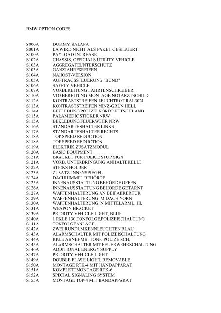 bmw option codes s000a dummy-salapa s001a la wird ... - Ad Kusters