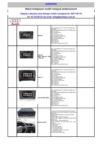 AUDIOPRO Wykaz dostÄ™pnych modeli nawigacji dedykowanych