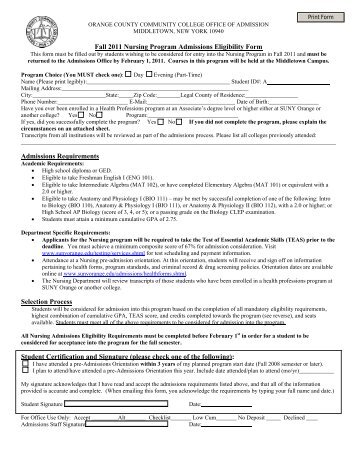 Fall 2011 Nursing Program Admissions Eligibility ... - SUNY Orange