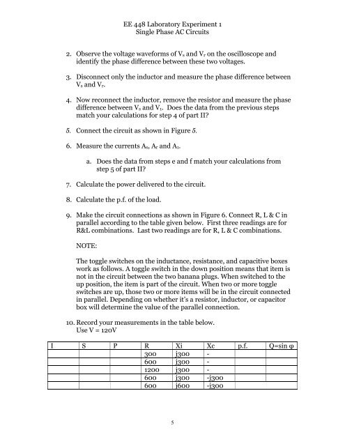 EE 448 Fall 2006 Lab Experiment No. 1 Single Phase AC Circuits