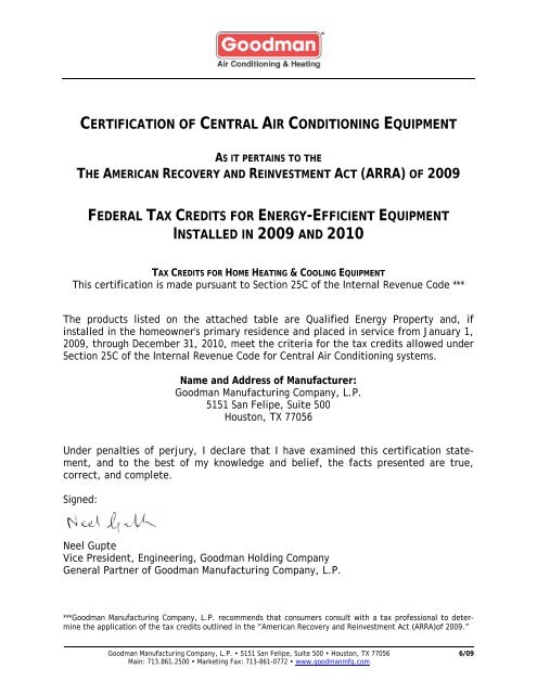 certification of central air conditioning equipment - Goodman