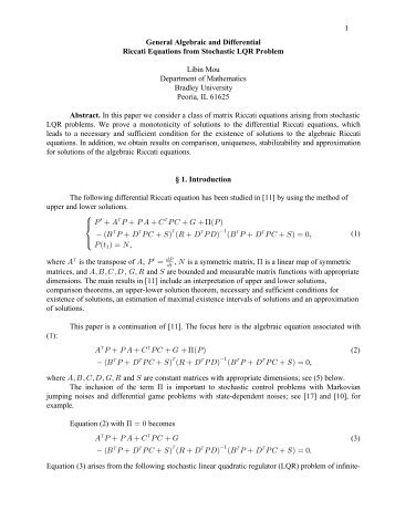 1 General Algebraic and Differential Riccati ... - Bradley Bradley