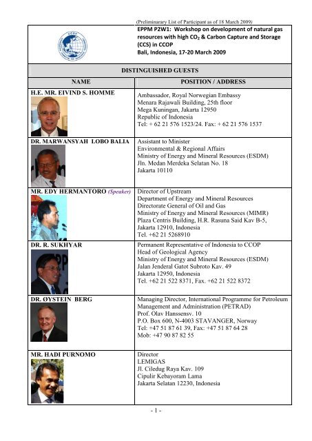 Preliminary List of Participants - CCOP