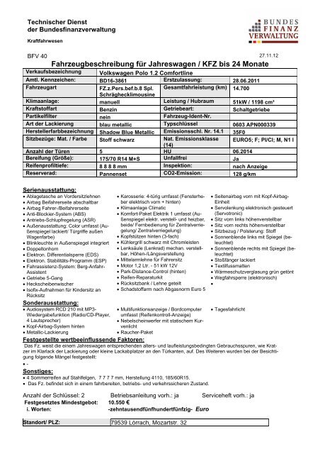 Fahrzeugbeschreibung - Zoll-Auktion