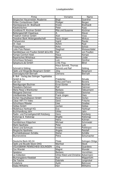 Losabgabestellen Firma Vorname Name ... - Solinger Stadtteile