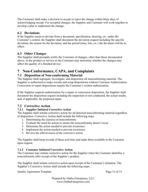 Quality Agreement Template - Ombu Enterprises LLC