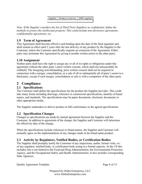 Quality Agreement Template - Ombu Enterprises LLC