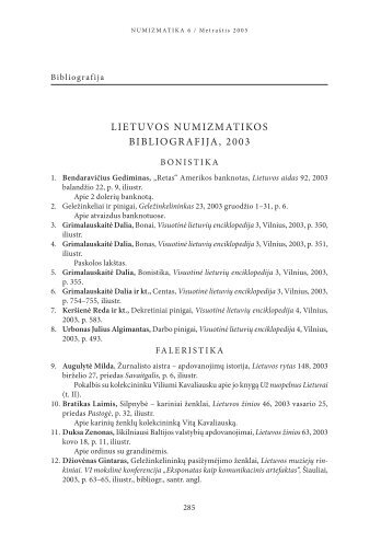 lietuvos numizmatikos bibliografija, 2003 - Lietuvos nacionalinis ...