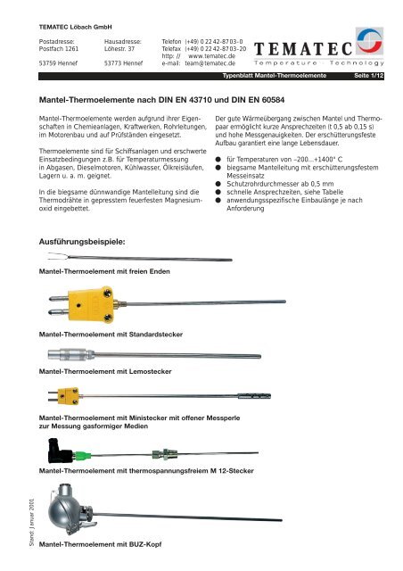 Mantel-Thermoelemente nach DIN EN 43710 und DIN ... - Ohmewatt