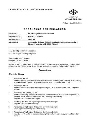 ERGÃNZUNG DER EINLADUNG - Landkreis Aichach-Friedberg