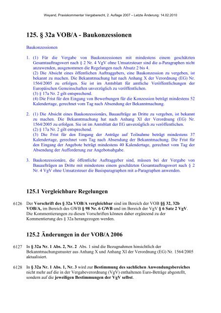 125. § 32a VOB/A - Baukonzessionen - Oeffentliche Auftraege