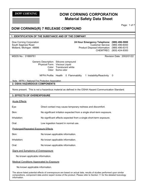 DOW CORNING CORPORATION Material Safety ... - Aerocon Systems