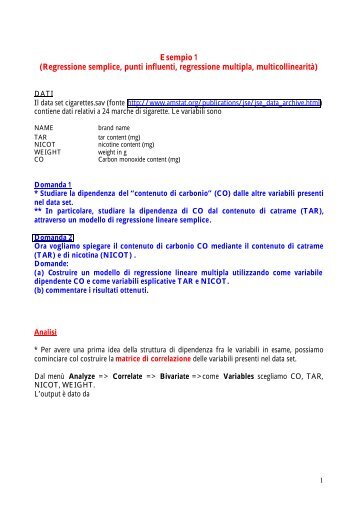 Esempio 1 (Regressione semplice, punti ... - statistica statistica