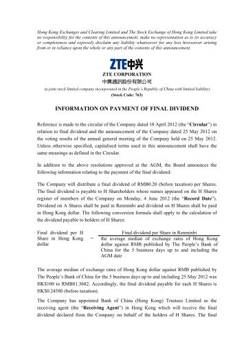 INFORMATION ON PAYMENT OF FINAL DIVIDEND - ZTE