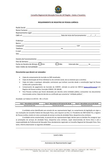 Formulario para registro de pessoa jurÃ­dica - CREF-14/GO-TO