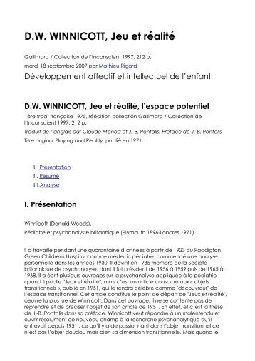 DW WINNICOTT, Jeu et rÃ©alitÃ©, l'espace potentiel