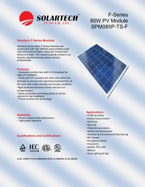 F-Series 85W PV Module SPM085P-TS-F - Solartech Power