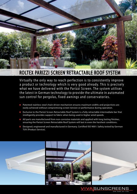 roltex parizzi screen retractable roof system - Viva Sunscreens