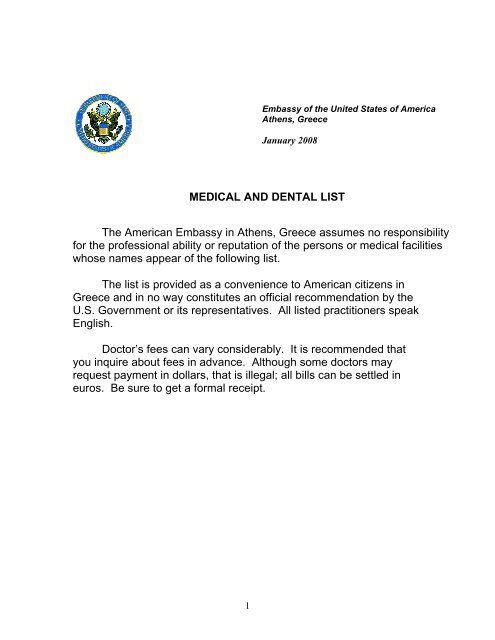 MEDICAL AND DENTAL LIST - Embassy of the United States ...