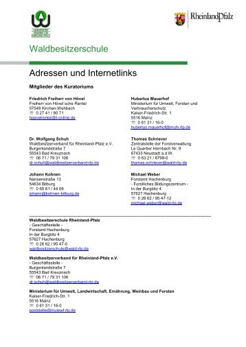 Waldbesitzerschule Adressen und Internetlinks - Landesforsten ...