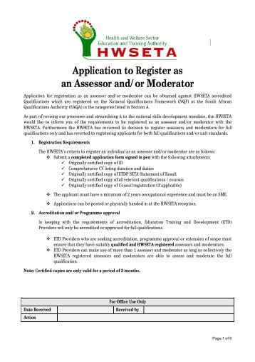 Application to Register as an Assessor and/or Moderator