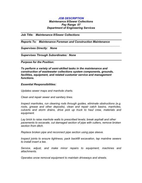 JOB DESCRIPTION Maintenance II/Sewer ... - City of Sandusky