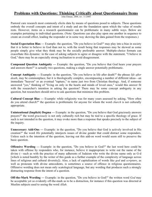Problems with Questions: Thinking Critically about Questionnaire ...
