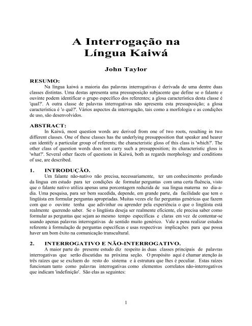 A InterrogaÃ§Ã£o na LÃ­ngua KaiwÃ¡ - Sil.org